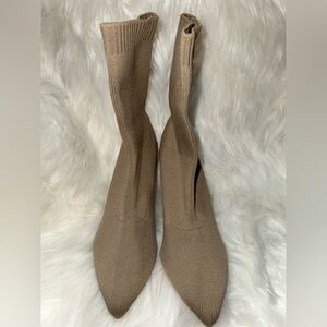 Tan Heeled Boots with Stretchy Knit Design
